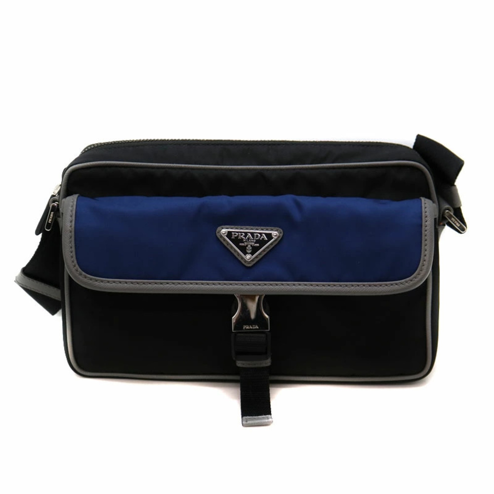 Prada front pocket messenger bag black blue tessuto